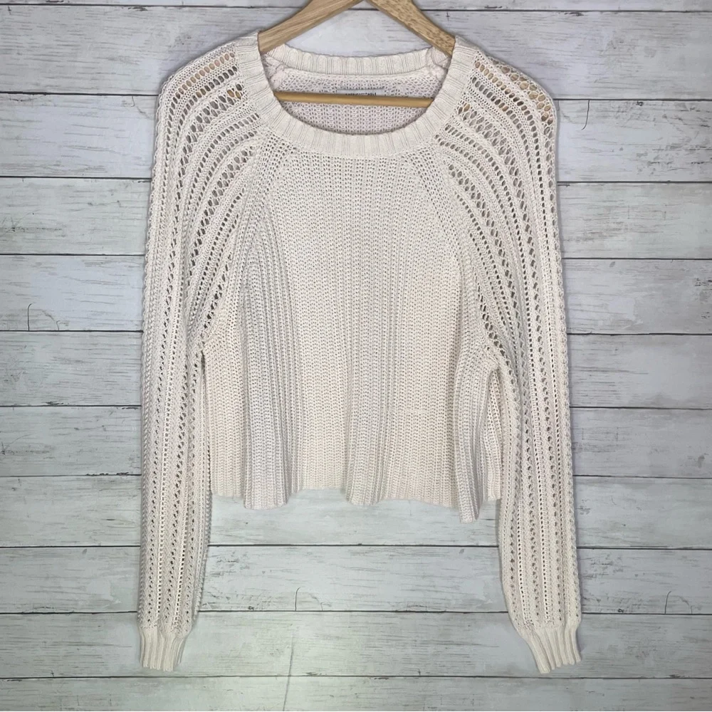 American Eagle AE Open Knit Crochet Cropped Oversized Sweater XS Cream White - Picture 2 of 5